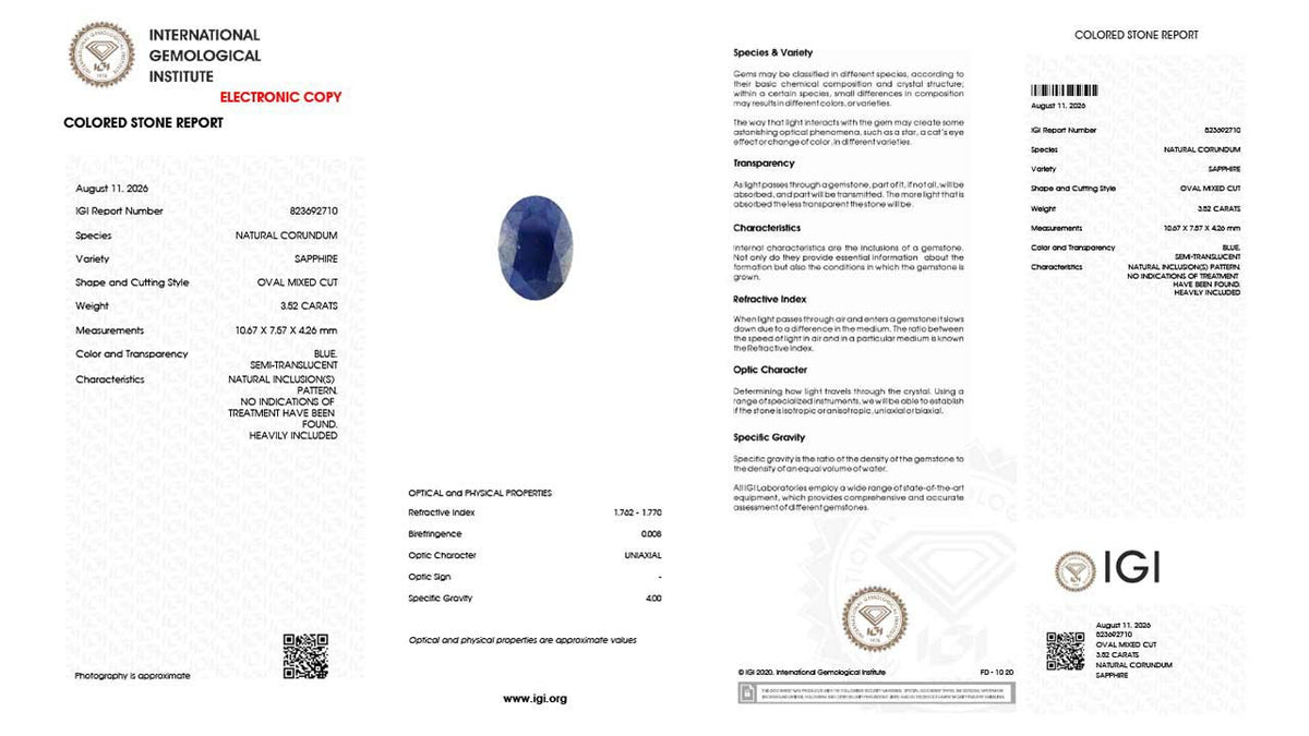Buy IGI Certified 3.52 Carat Blue Sapphire with lifetime guarantee