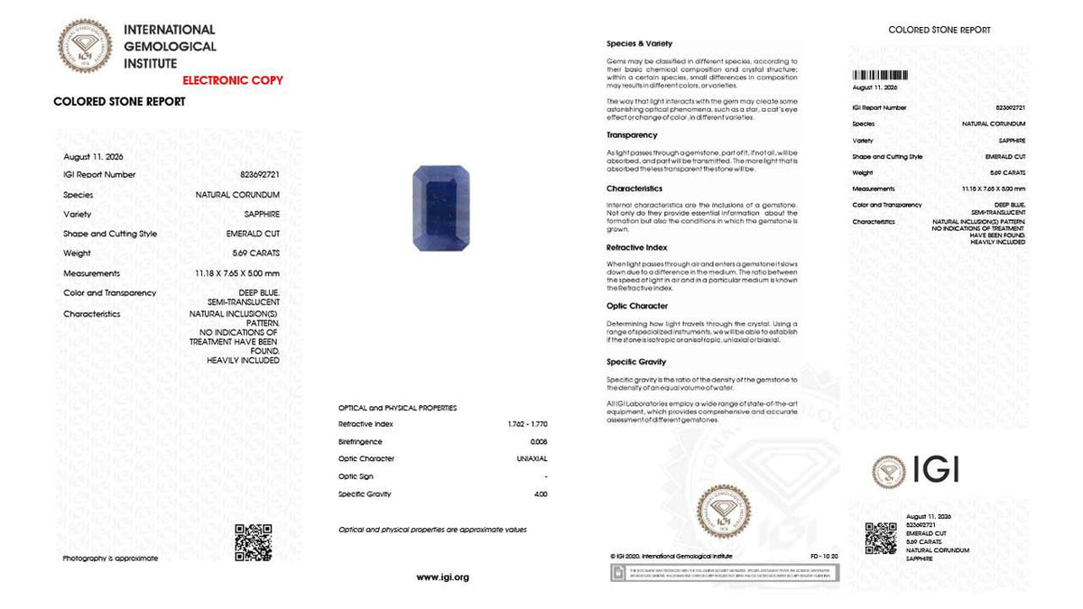 Buy IGI Certified 5.69 Carat Blue Sapphire with lifetime guarantee