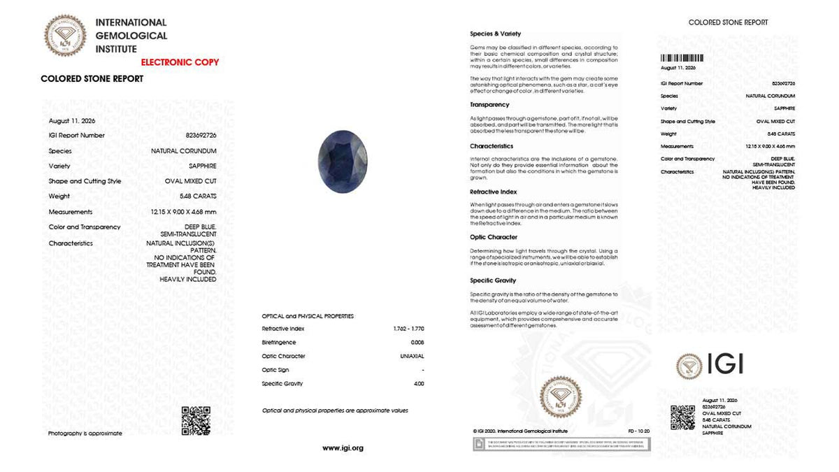 Buy IGI Certified 5.48 Carat Blue Sapphire with lifetime guarantee