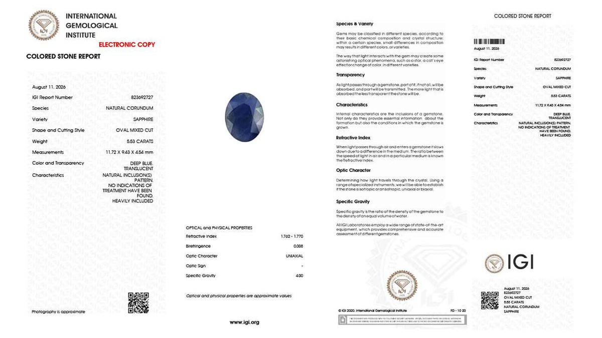 Buy IGI Certified 5.53 Carat Blue Sapphire with lifetime guarantee