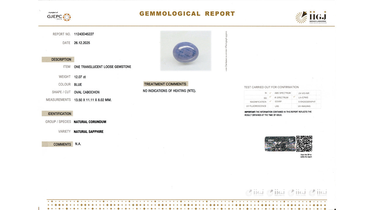 Buy GJI Certified 12.07 Carat Blue Sapphire with lifetime guarantee