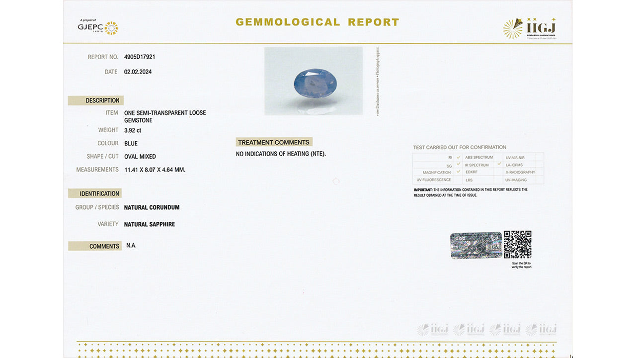 Buy GJI Certified 3.92 Carat Blue Sapphire with lifetime guarantee