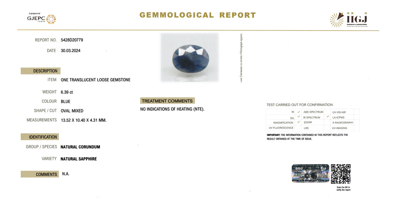 Buy GJI Certified 6.39 Carat Blue Sapphire with lifetime guarantee