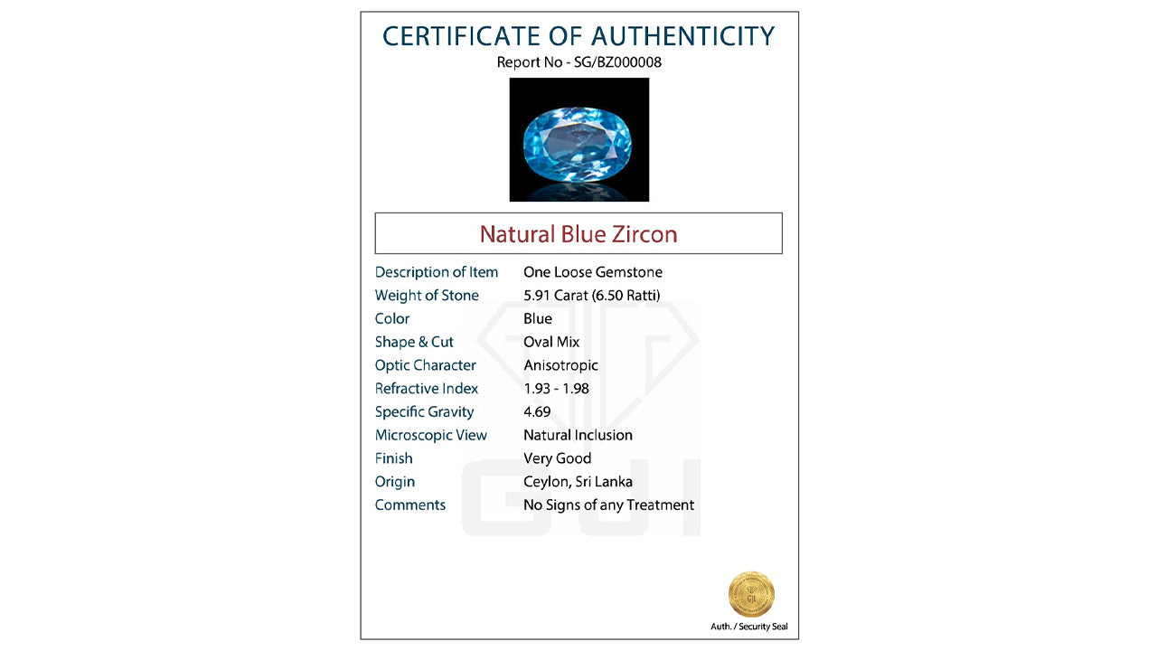 Buy GJI Certified 5.91 Carat Natural Zircon with lifetime guarantee