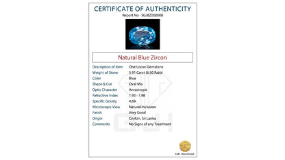 Buy GJI Certified 5.91 Carat Natural Zircon with lifetime guarantee