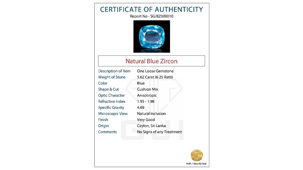 Buy GJI Certified 5.62 Carat Natural Zircon with lifetime guarantee