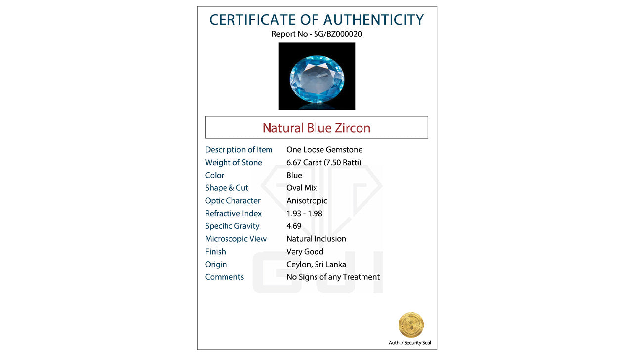 Buy GJI Certified 6.67 Carat Natural Zircon with lifetime guarantee