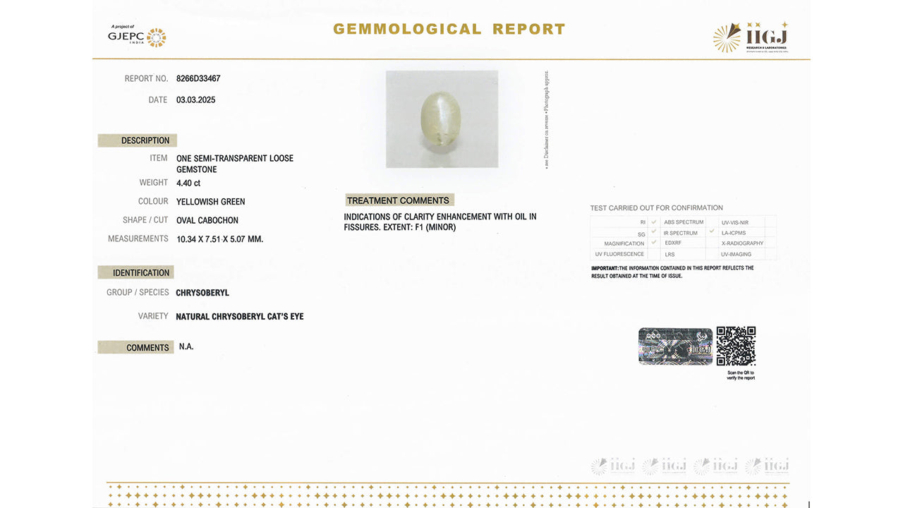 Buy GJI Certified 4.40 Carat Cat's Eye with lifetime guarantee