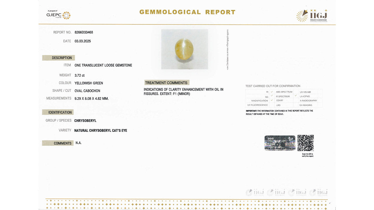 Buy GJI Certified 3.72 Carat Cats Eye with lifetime guarantee
