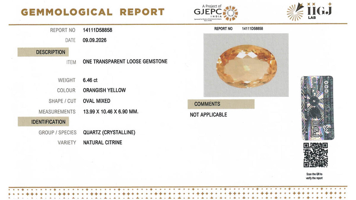 Buy IIGJ Certified 6.46 Carat Citrine with lifetime guarantee