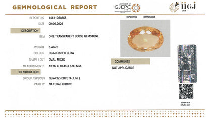 Buy IIGJ Certified 6.46 Carat Citrine with lifetime guarantee