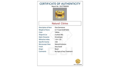 Buy GJI Certified 6.17 Carat Citrine with lifetime guarantee