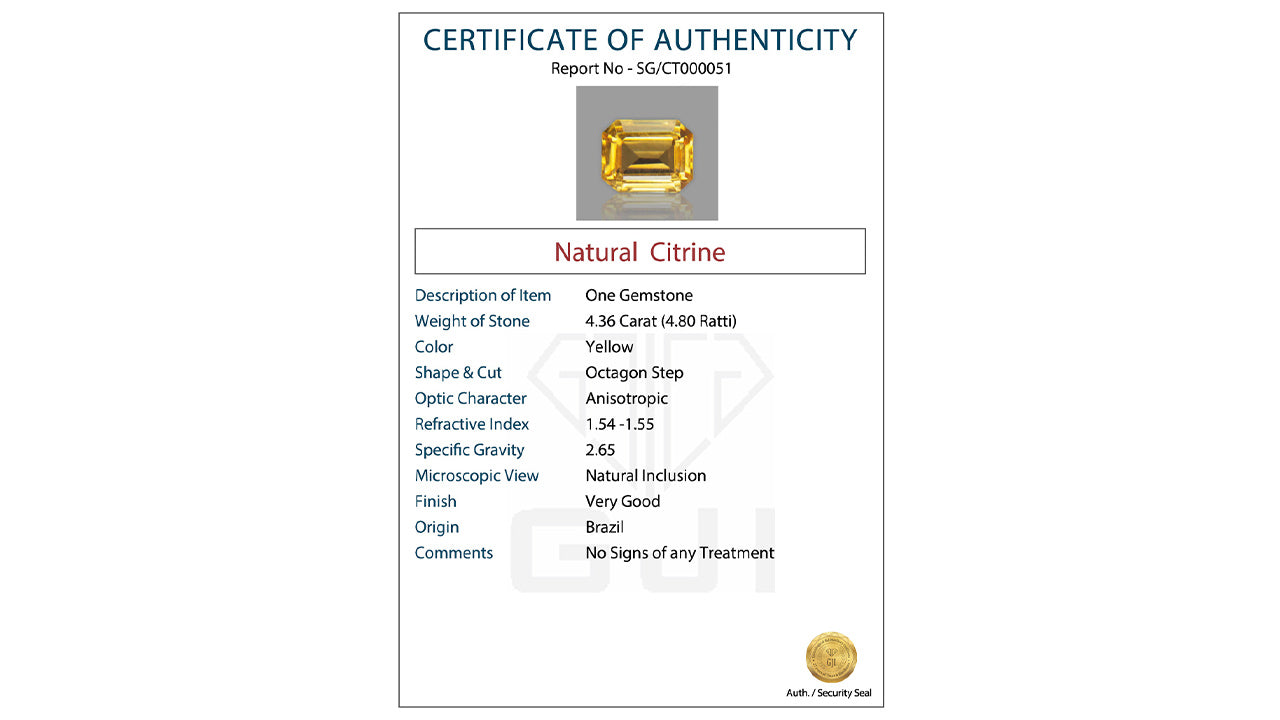 Buy GJI Certified 4.36 Carat Citrine with lifetime guarantee