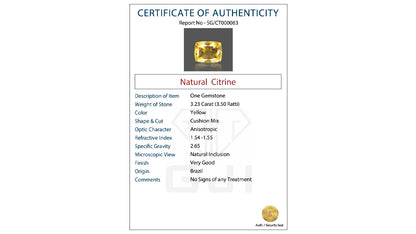 Buy GJI Certified 3.23 Carat Citrine with lifetime guarantee
