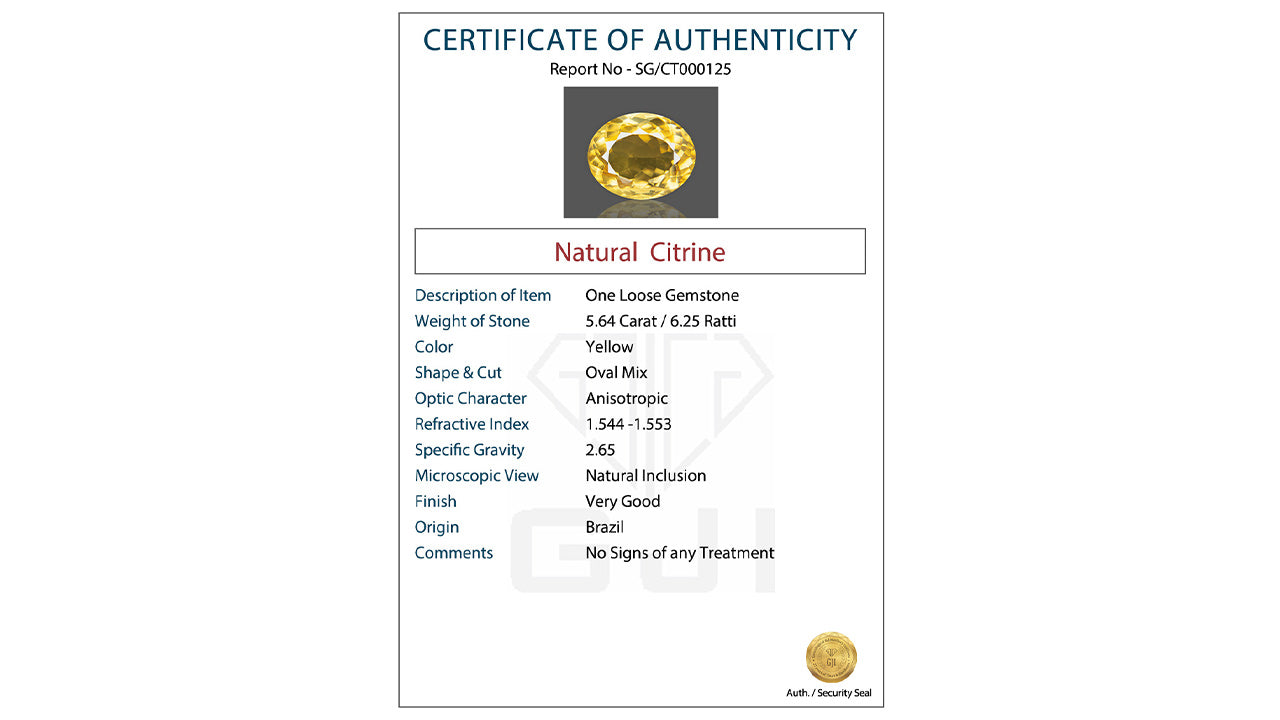 Buy GJI Certified 5.64 Carat Citrine with lifetime guarantee