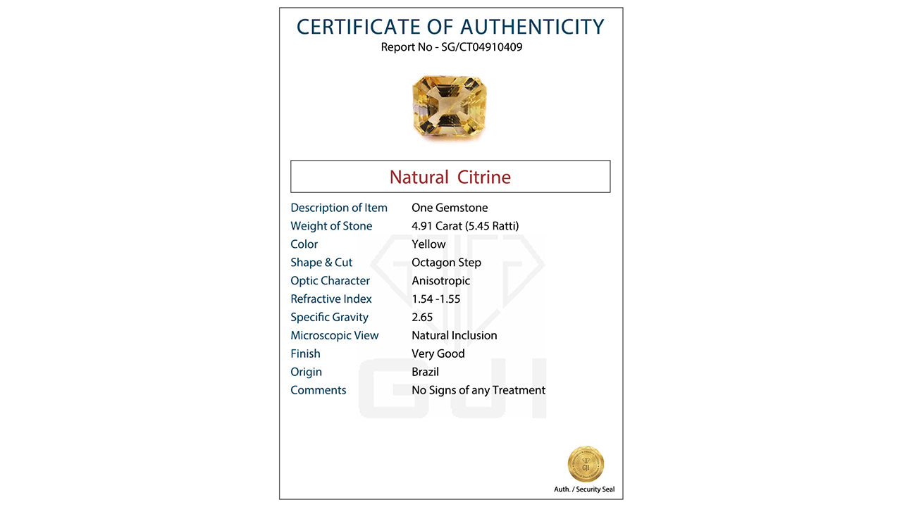 Buy GJI Certified 4.91 Carat Citrine with lifetime guarantee