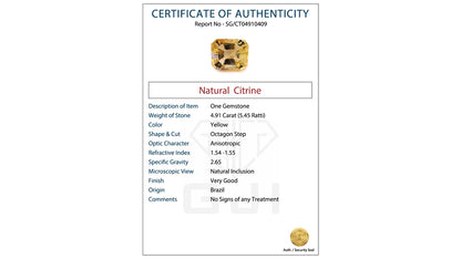 Buy GJI Certified 4.91 Carat Citrine with lifetime guarantee