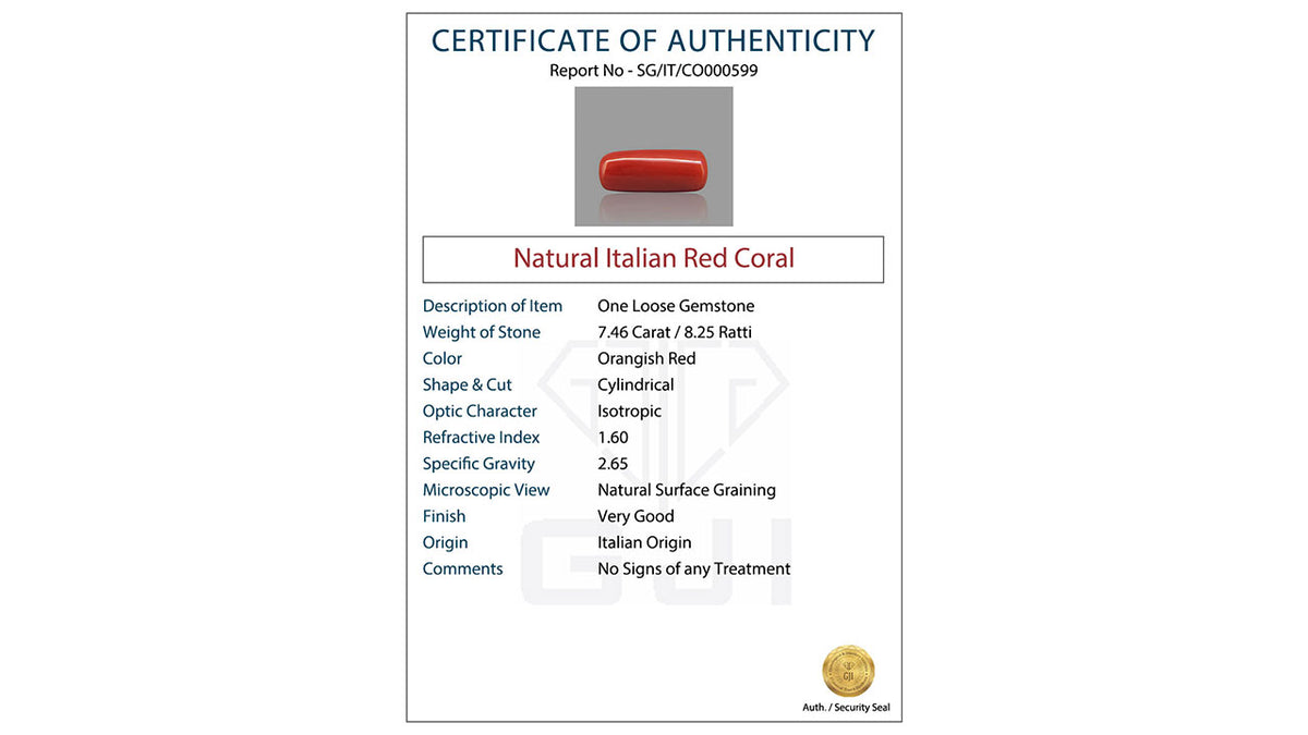 Buy GJI Certified 7.46 Carat Red Coral with lifetime guarantee