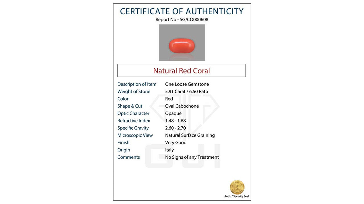 Buy GJI Certified 5.91 Carat Red Coral with lifetime guarantee