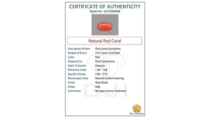 Buy GJI Certified 5.91 Carat Red Coral with lifetime guarantee