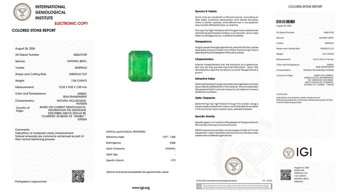 Buy IGI Certified 7.54 Carat Emerald with lifetime guarantee