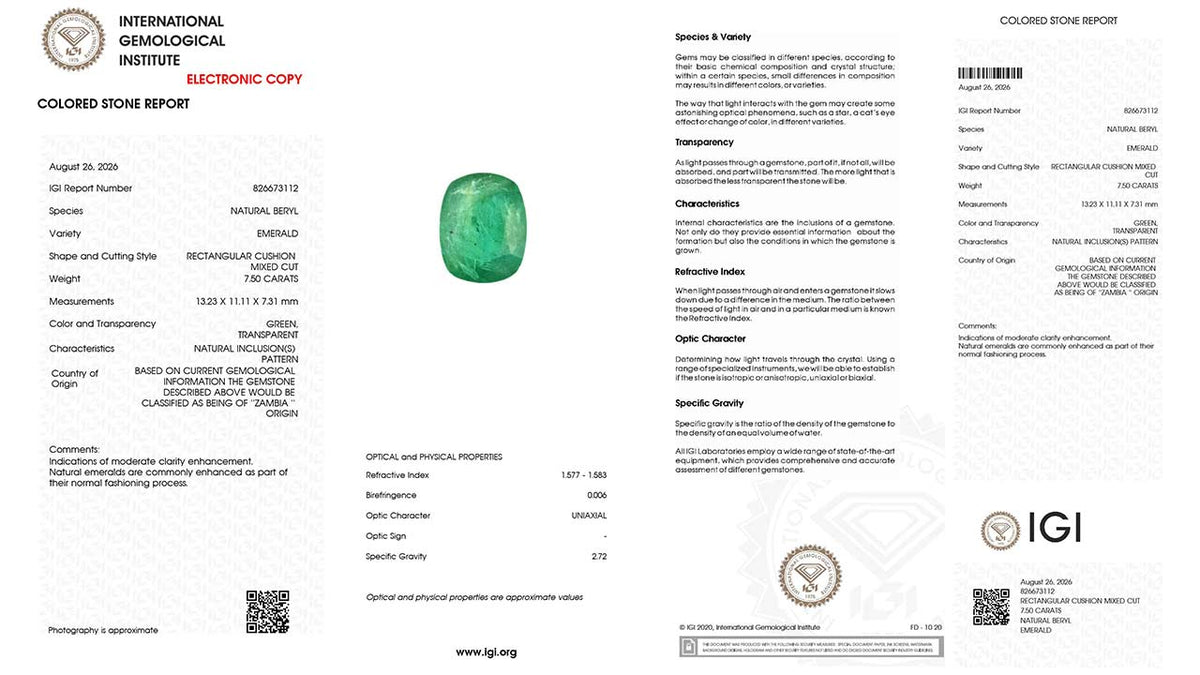 Buy IGI Certified 7.50 Carat Emerald with lifetime guarantee