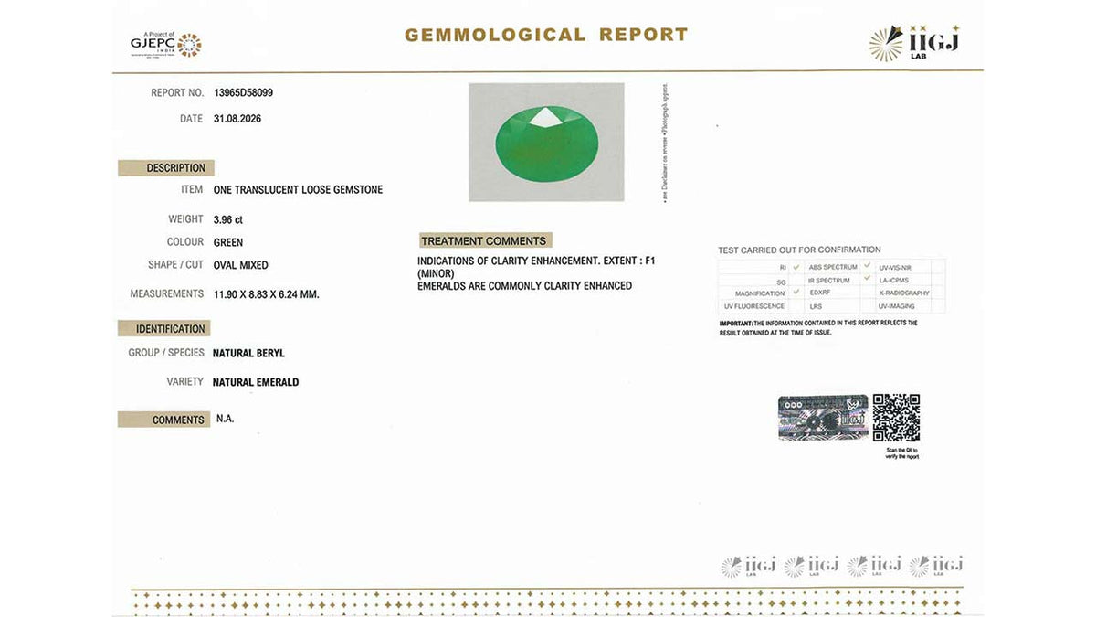 Buy IIGJ Certified 3.96 Carat Emerald with lifetime guarantee