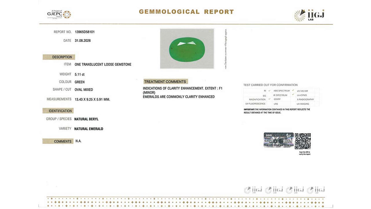 Buy IIGJ Certified 5.11 Carat Emerald with lifetime guarantee
