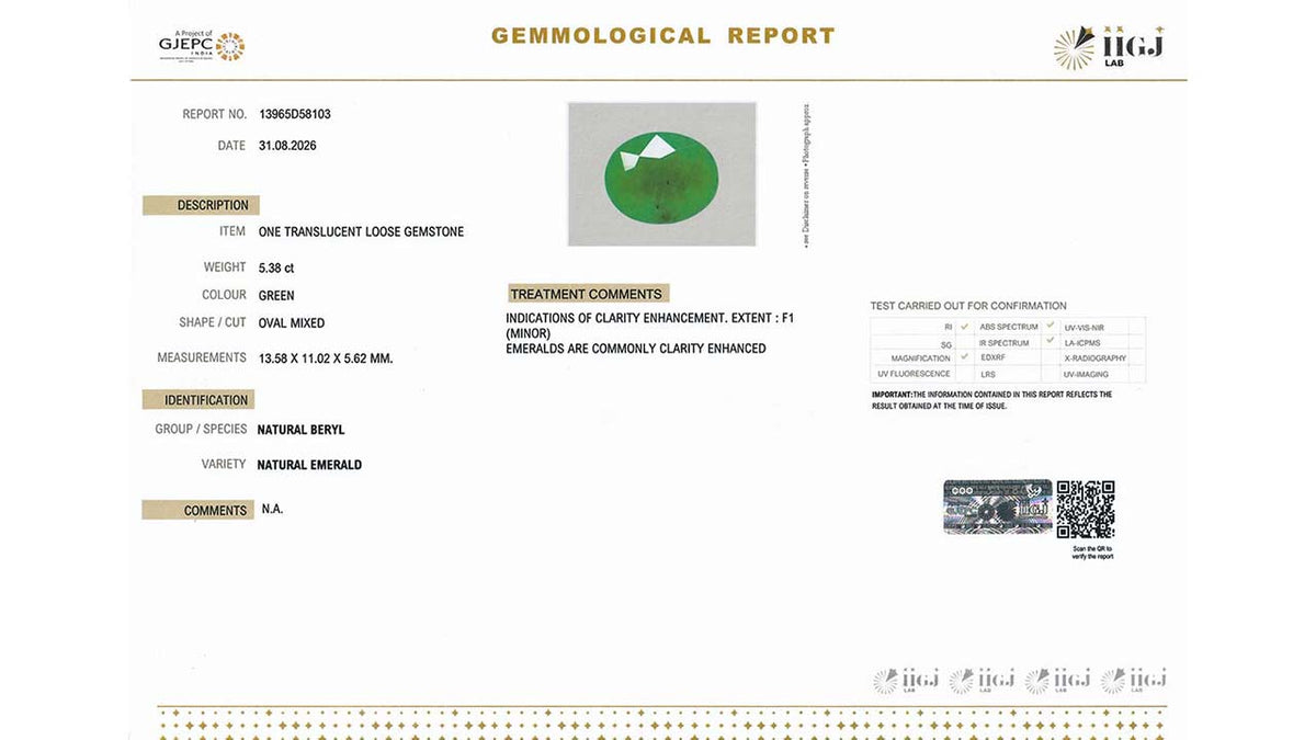 Buy IIGJ Certified 5.38 Carat Emerald with lifetime guarantee