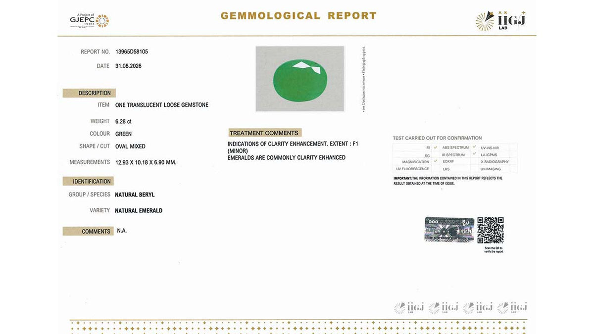 Buy IIGJ Certified 6.28 Carat Emerald with lifetime guarantee