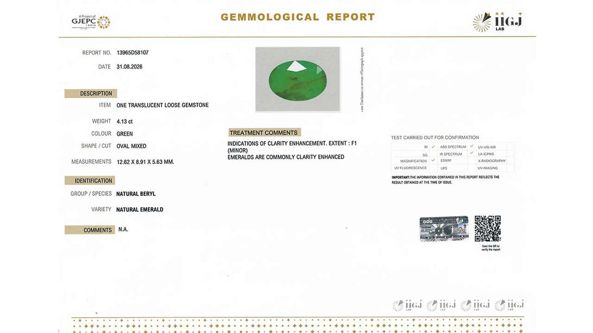 Buy IIGJ Certified 4.13 Carat Emerald with lifetime guarantee