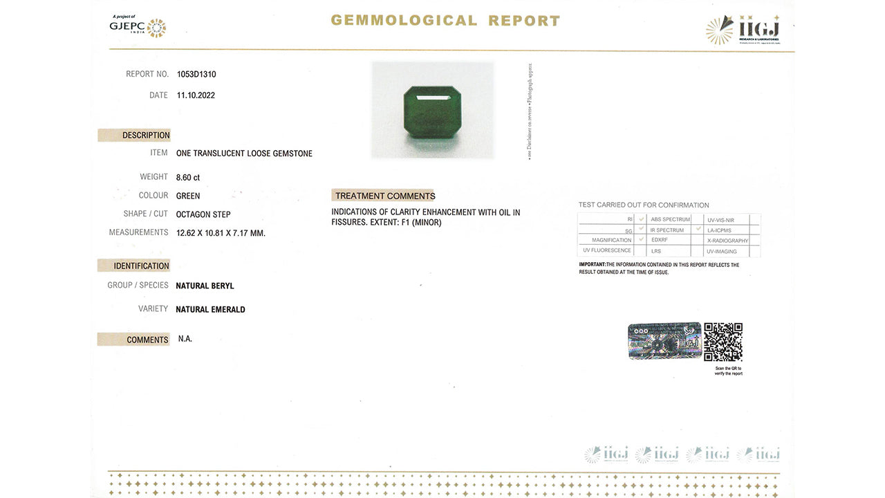 Buy GJI Certified 8.60 Carat Emerald with lifetime guarantee