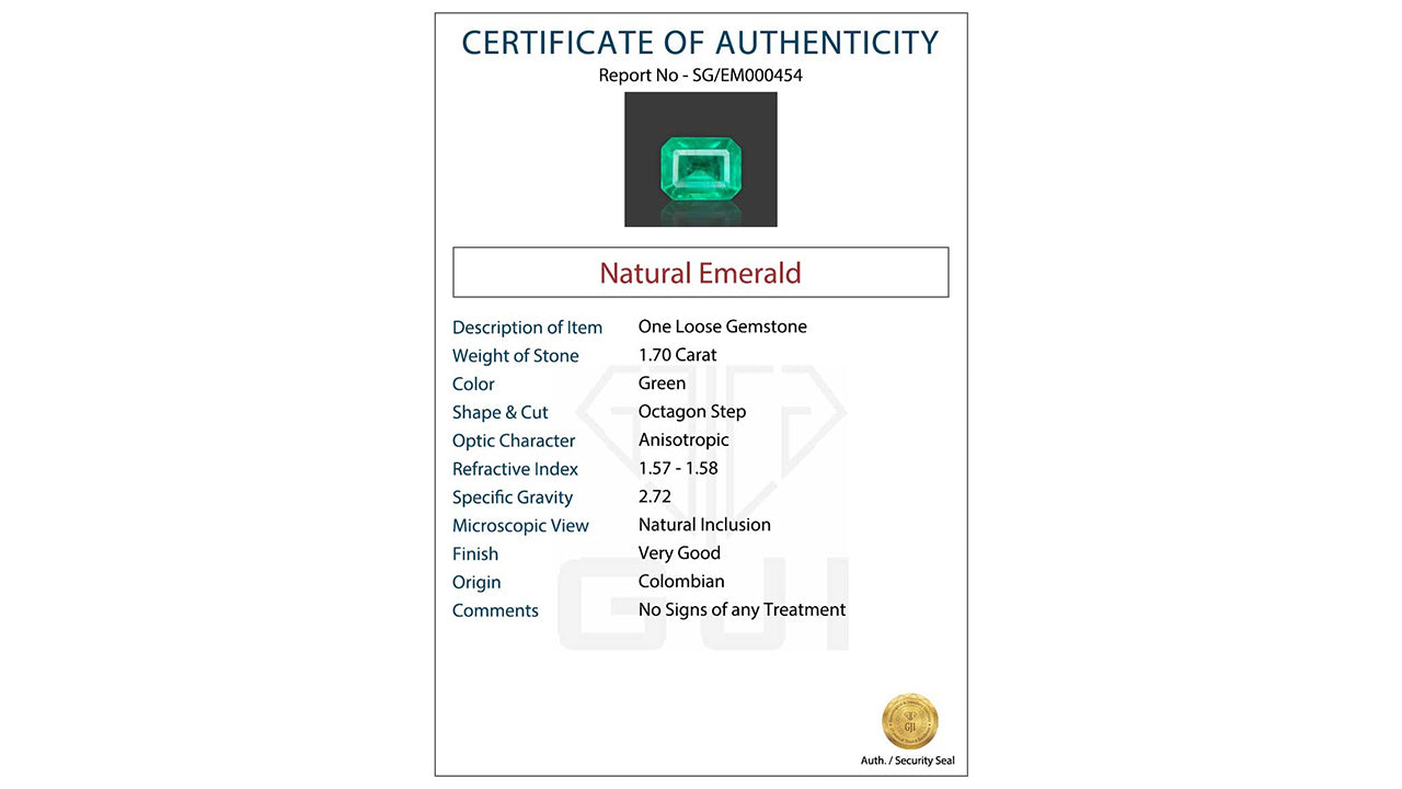 Buy GJI Certified 1.70 Carat Emerald with lifetime guarantee