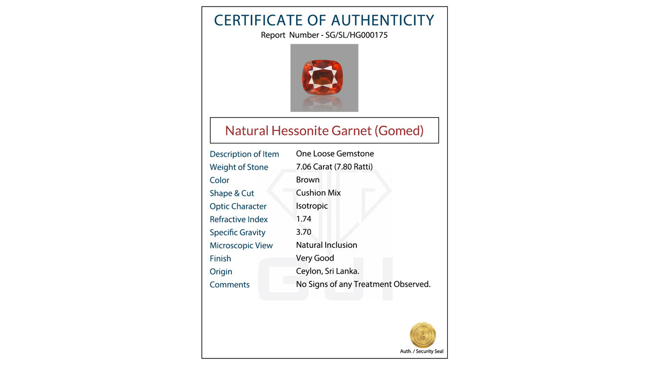 Buy GJI Certified 7.06 Carat Hessonite with lifetime guarantee