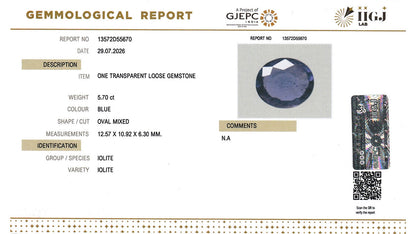Buy IIGJ Certified 5.70 Carat Iolite with lifetime guarantee