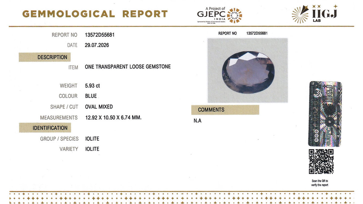 Buy IIGJ Certified 5.93 Carat Iolite with lifetime guarantee