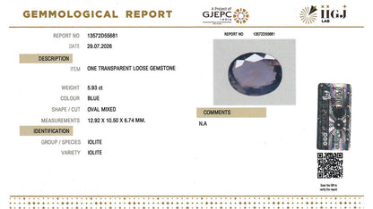 Buy IIGJ Certified 5.93 Carat Iolite with lifetime guarantee
