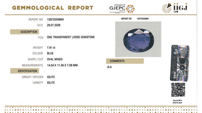 Buy IIGJ Certified 7.91 Carat Iolite with lifetime guarantee