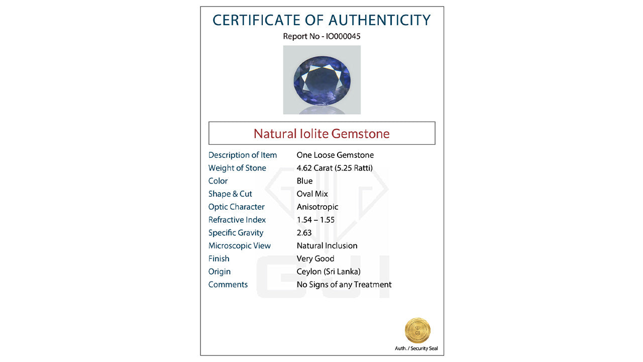 Buy GJI Certified 4.62 Carat Iolite with lifetime guarantee