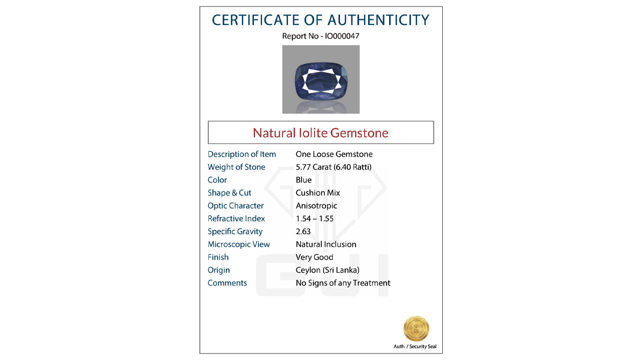 Buy GJI Certified 5.77 Carat Iolite with lifetime guarantee