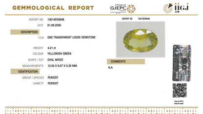 Buy IIGJ Certified 4.21 Carat Peridot with lifetime guarantee