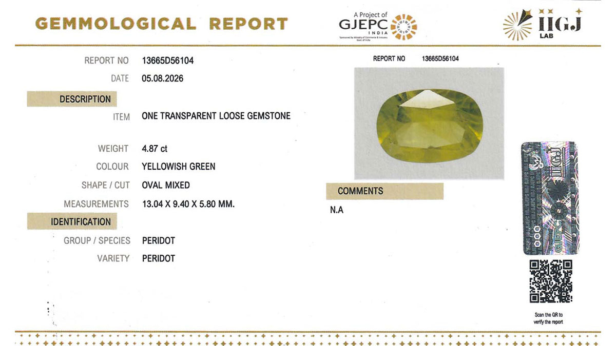 Buy IIGJ Certified 4.87 Carat Peridot with lifetime guarantee