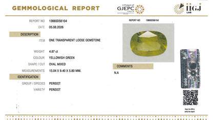 Buy IIGJ Certified 4.87 Carat Peridot with lifetime guarantee