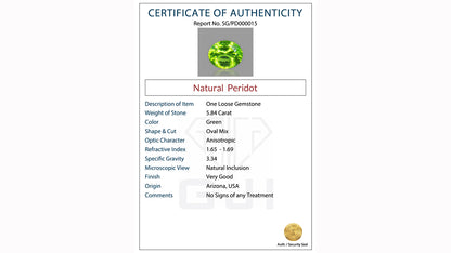 Buy GJI Certified 5.84 Carat Peridot with lifetime guarantee
