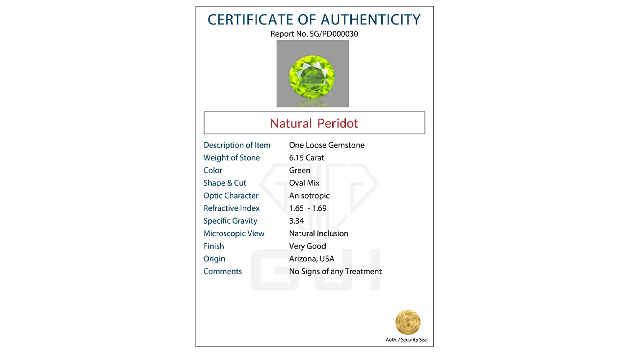 Buy GJI Certified 6.15 Carat Peridot with lifetime guarantee