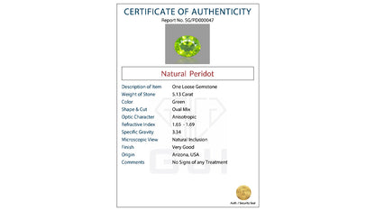 Buy GJI Certified 5.13 Carat Peridot with lifetime guarantee