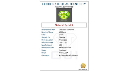 Buy GJI Certified 4.88 Carat Peridot with lifetime guarantee