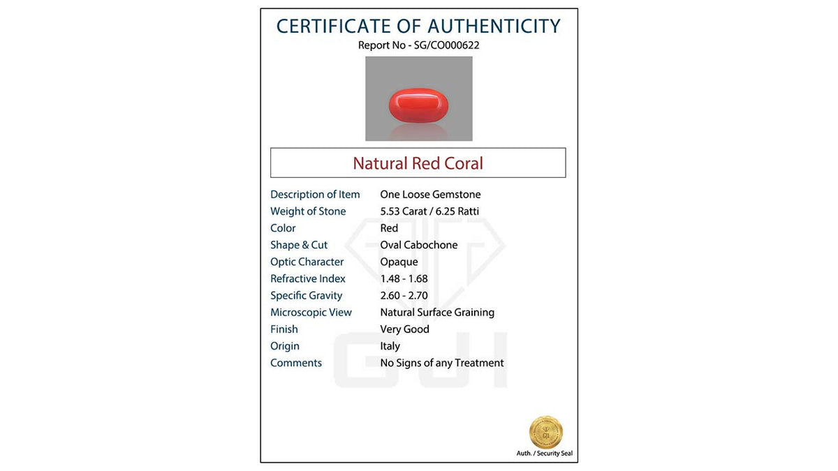 Buy GJI Certified 5.53 Carat Red Coral with lifetime guarantee