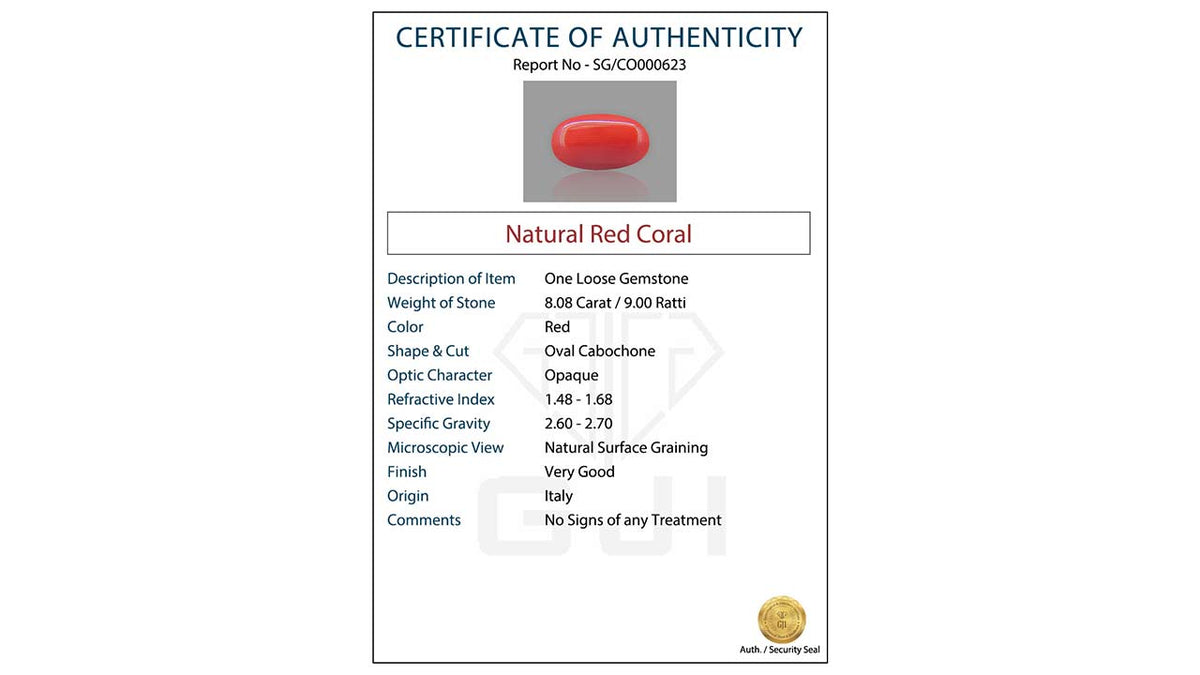 Buy GJI Certified 8.08 Carat Red Coral with lifetime guarantee