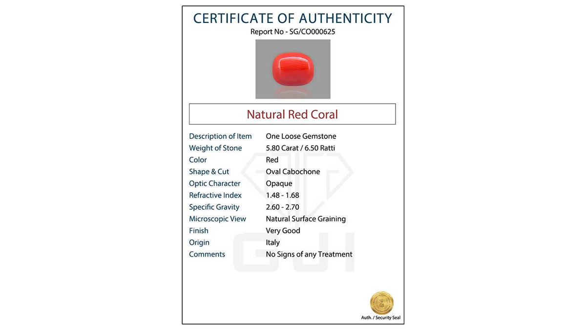 Buy GJI Certified 5.80 Carat Red Coral with lifetime guarantee